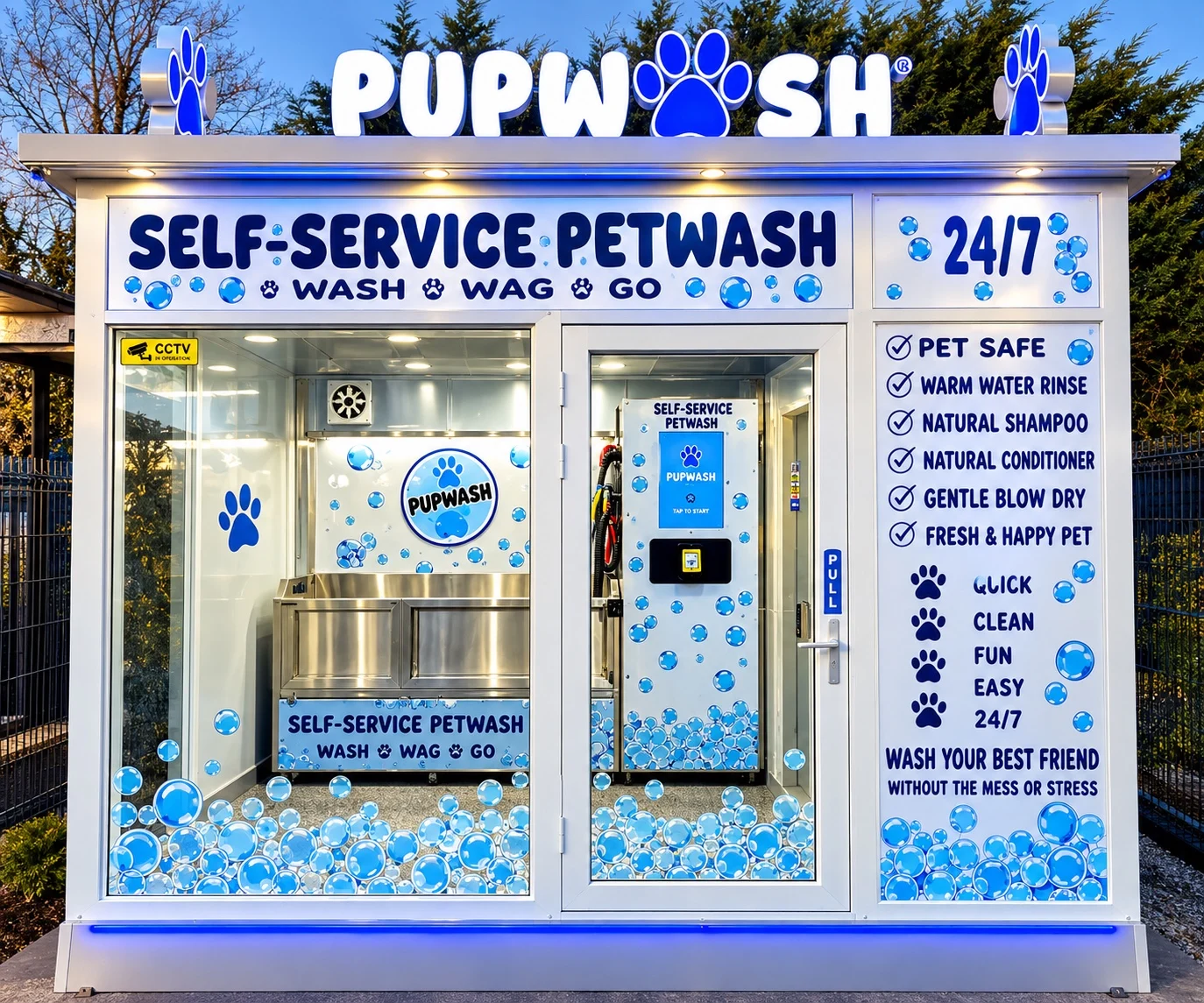 Pupwash self-service dog wash kiosk with glass doors and blue lighting
